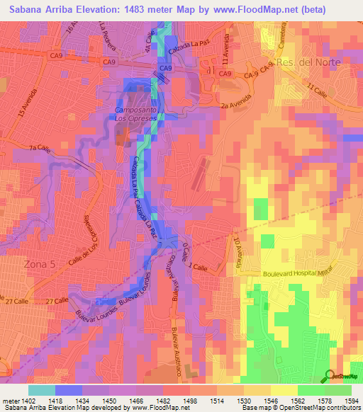 Sabana Arriba,Guatemala Elevation Map