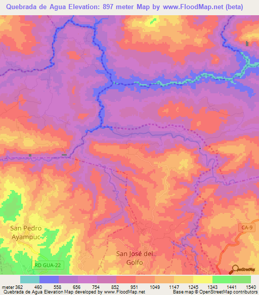 Quebrada de Agua,Guatemala Elevation Map