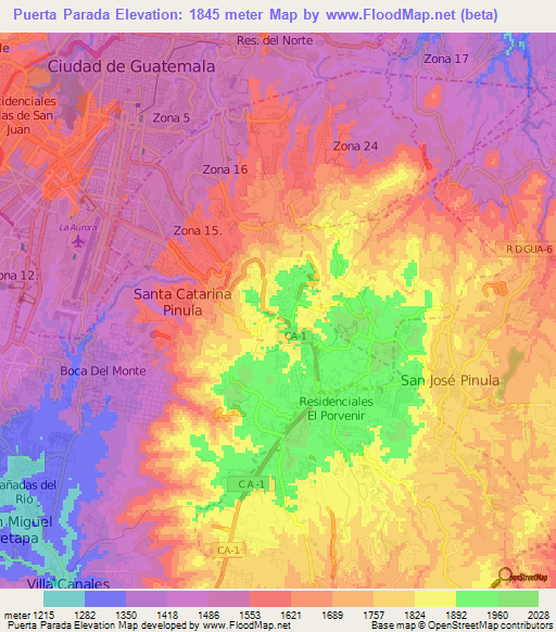 Puerta Parada,Guatemala Elevation Map