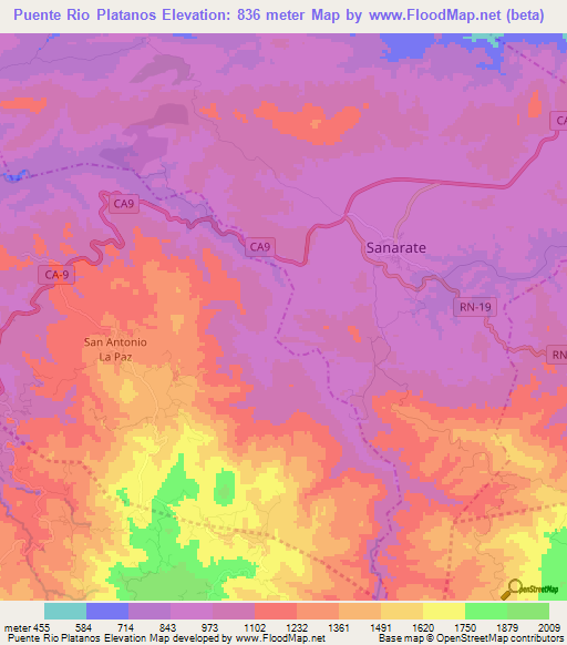 Puente Rio Platanos,Guatemala Elevation Map