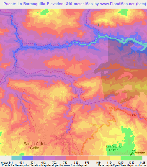 Puente La Barranquilla,Guatemala Elevation Map