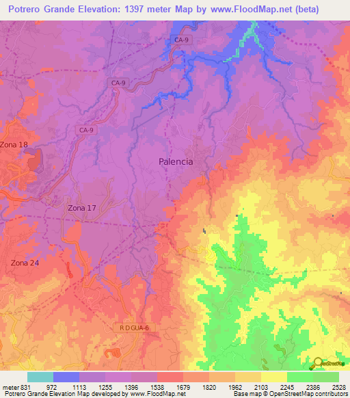 Potrero Grande,Guatemala Elevation Map