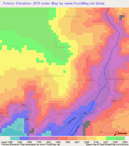 Potrero,Guatemala Elevation Map