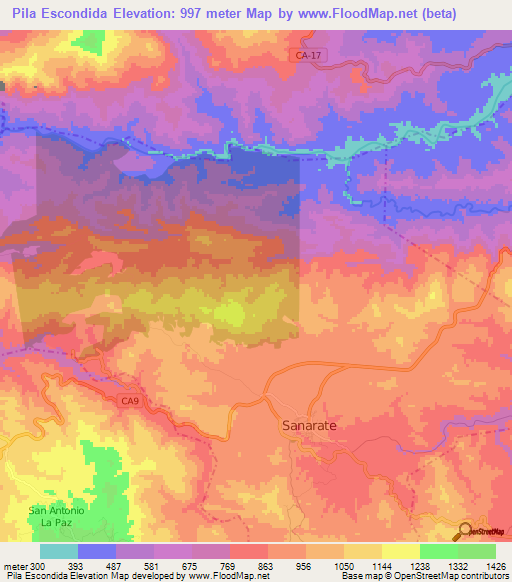 Pila Escondida,Guatemala Elevation Map