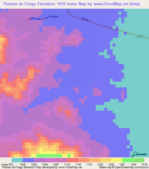 Piedras de Fuego,Guatemala Elevation Map