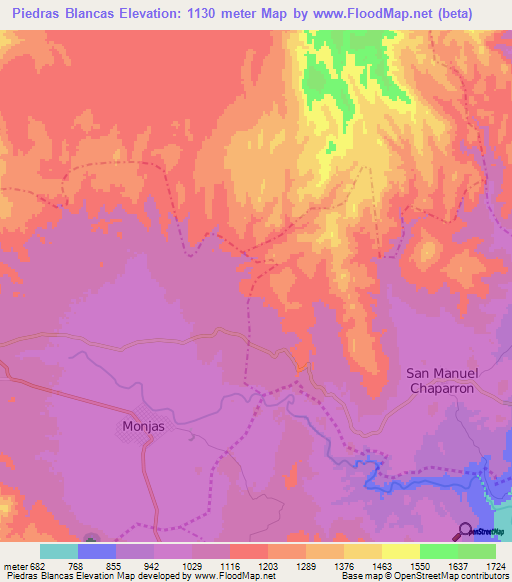 Piedras Blancas,Guatemala Elevation Map