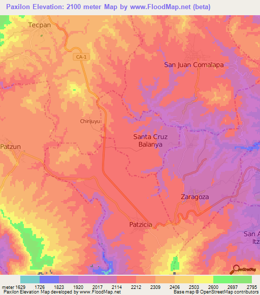 Paxilon,Guatemala Elevation Map