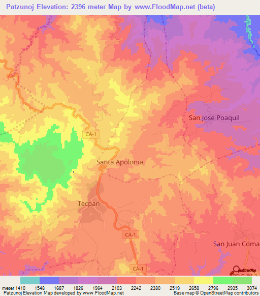 Patzunoj,Guatemala Elevation Map