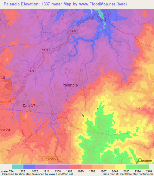 Palencia,Guatemala Elevation Map