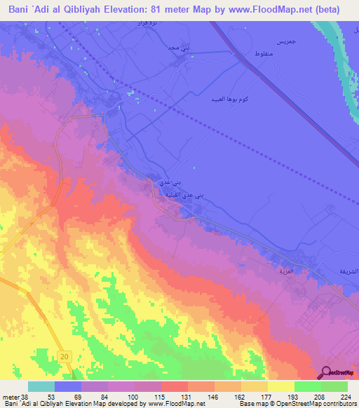 Bani `Adi al Qibliyah,Egypt Elevation Map