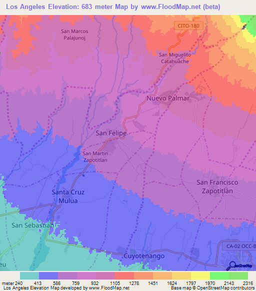 Los Angeles,Guatemala Elevation Map