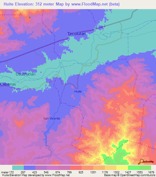 Huite,Guatemala Elevation Map