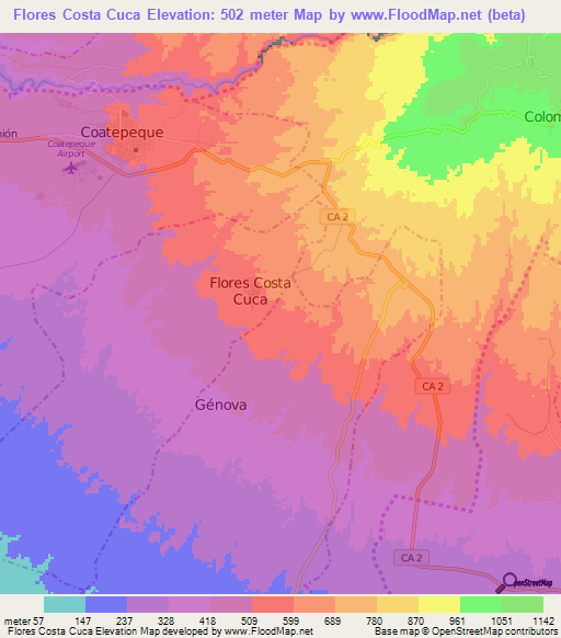 Flores Costa Cuca,Guatemala Elevation Map