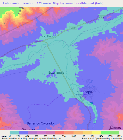 Estanzuela,Guatemala Elevation Map