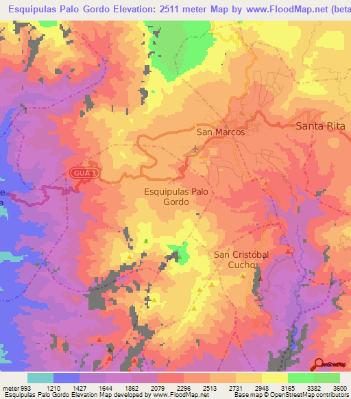 Esquipulas Palo Gordo,Guatemala Elevation Map