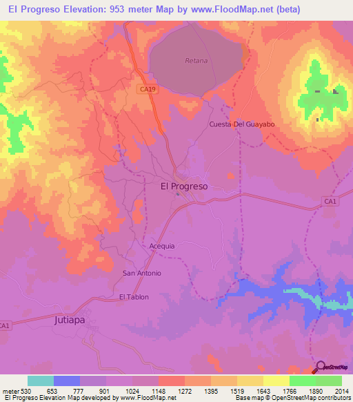 El Progreso,Guatemala Elevation Map