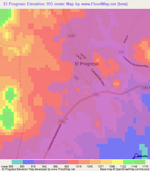 El Progreso,Guatemala Elevation Map