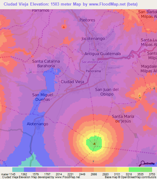 Ciudad Vieja,Guatemala Elevation Map