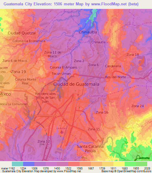 Guatemala City,Guatemala Elevation Map