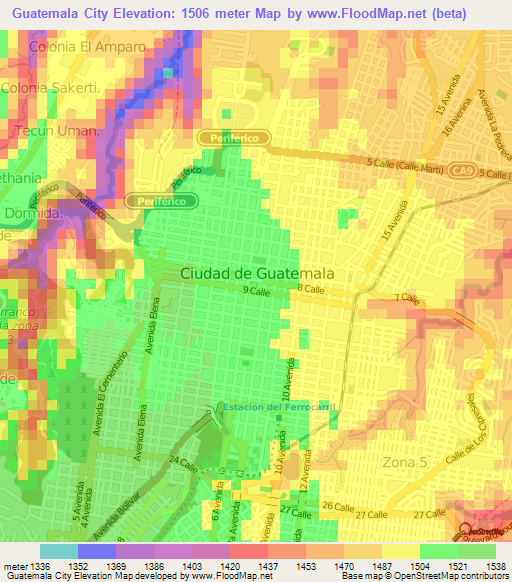 Guatemala City,Guatemala Elevation Map