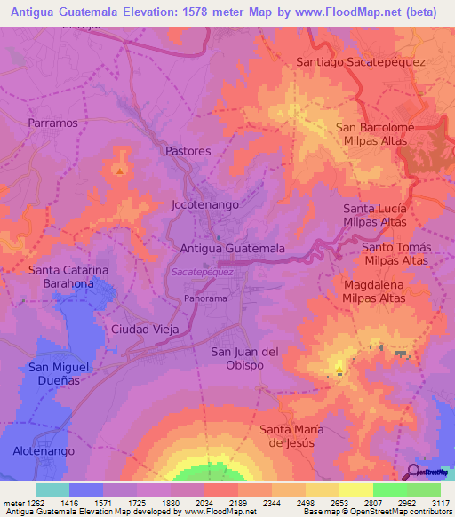 Antigua Guatemala,Guatemala Elevation Map