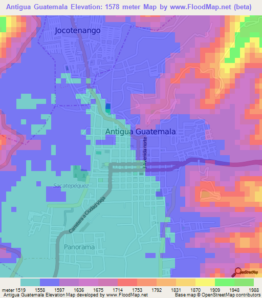 Antigua Guatemala,Guatemala Elevation Map