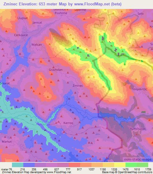 Zminec,Albania Elevation Map