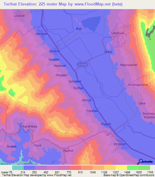 Terihat,Albania Elevation Map