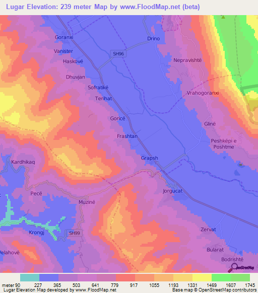 Lugar,Albania Elevation Map