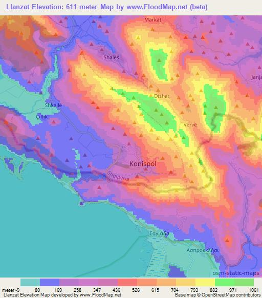 Llanzat,Albania Elevation Map