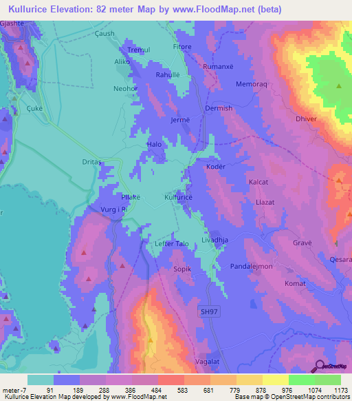 Kullurice,Albania Elevation Map