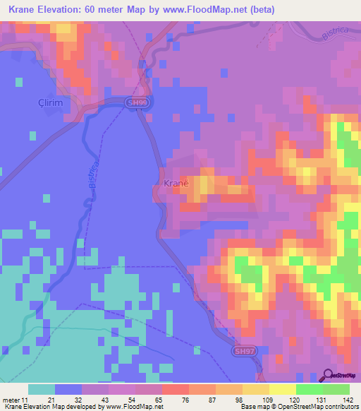 Krane,Albania Elevation Map