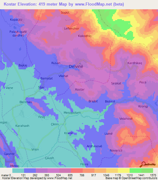 Kostar,Albania Elevation Map