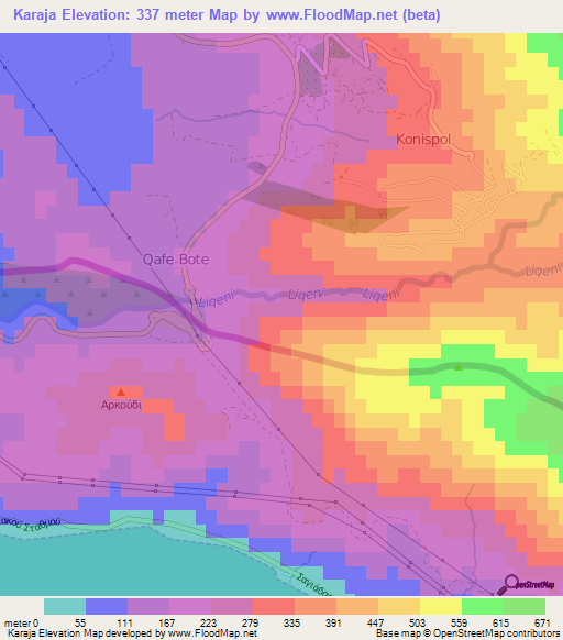 Karaja,Albania Elevation Map