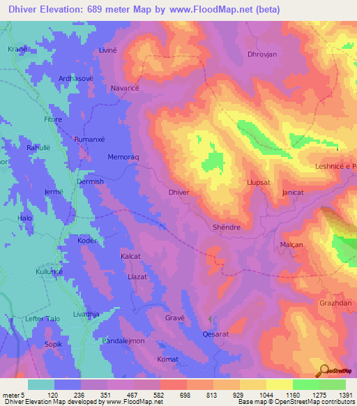 Dhiver,Albania Elevation Map