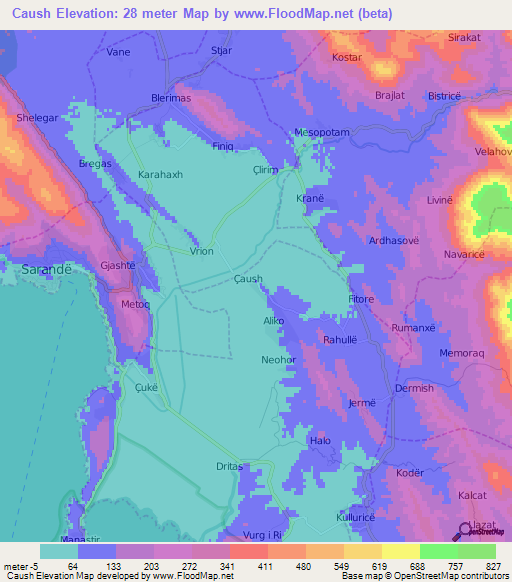 Caush,Albania Elevation Map