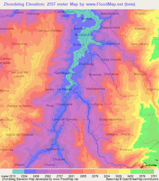 Zhondeleg,Ecuador Elevation Map