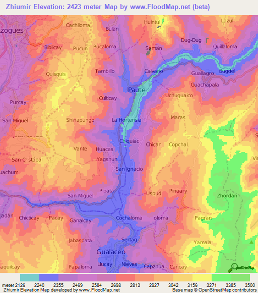 Zhiumir,Ecuador Elevation Map