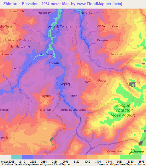 Zhimbrue,Ecuador Elevation Map