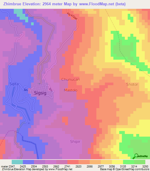 Zhimbrue,Ecuador Elevation Map