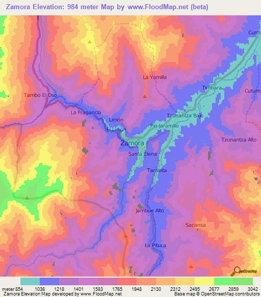 Zamora,Ecuador Elevation Map