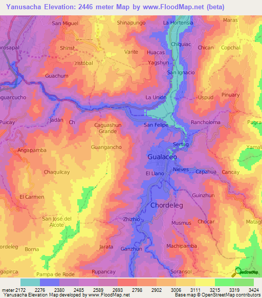 Yanusacha,Ecuador Elevation Map