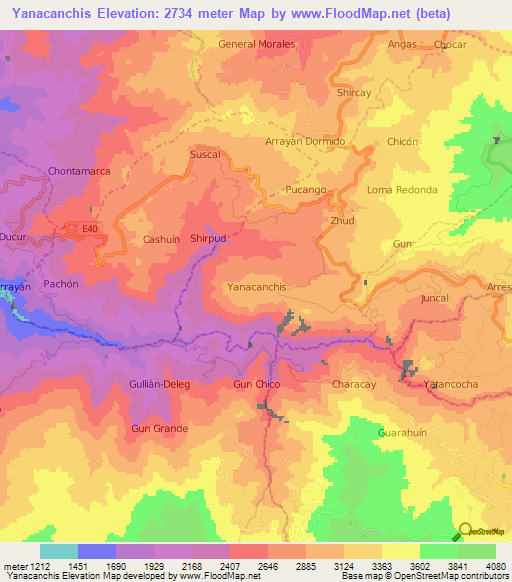 Yanacanchis,Ecuador Elevation Map