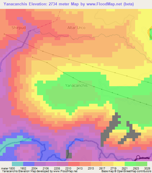 Yanacanchis,Ecuador Elevation Map