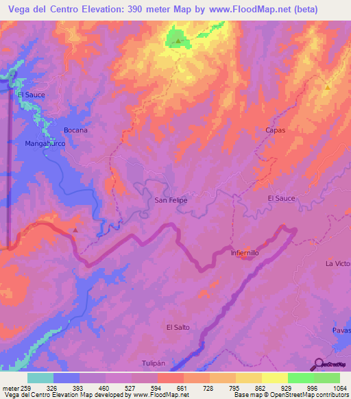 Vega del Centro,Ecuador Elevation Map