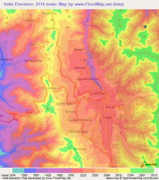 Valle,Ecuador Elevation Map