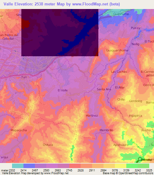 Valle,Ecuador Elevation Map