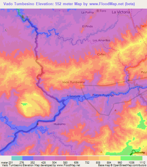 Vado Tumbesino,Ecuador Elevation Map