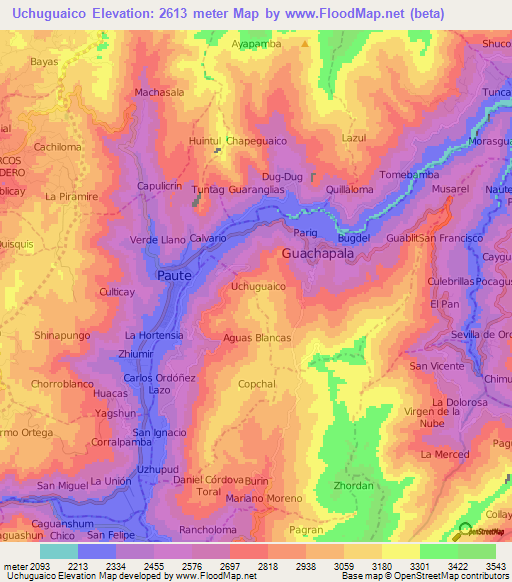 Uchuguaico,Ecuador Elevation Map