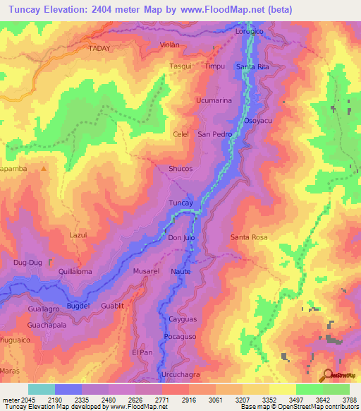 Tuncay,Ecuador Elevation Map